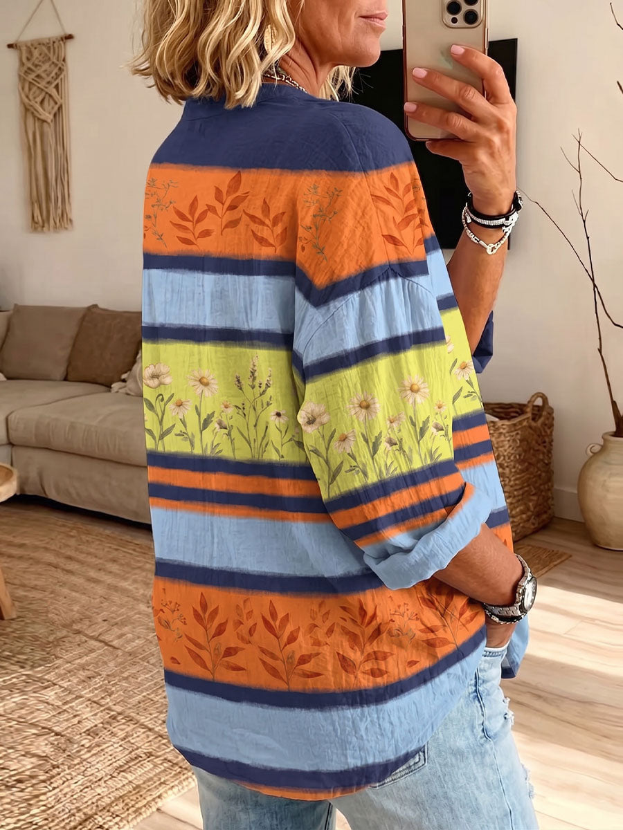 Vintage Elegant Button Long Sleeve Patterned Shirt