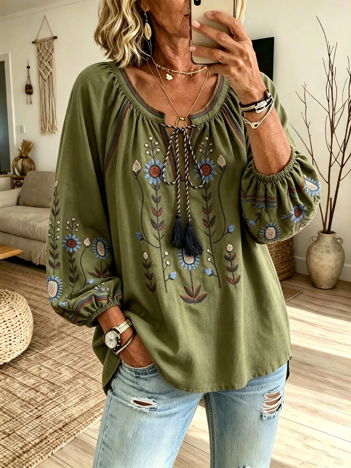 Women's Colorful Daisy Floral Print Tie Neck Puff Sleeve Top