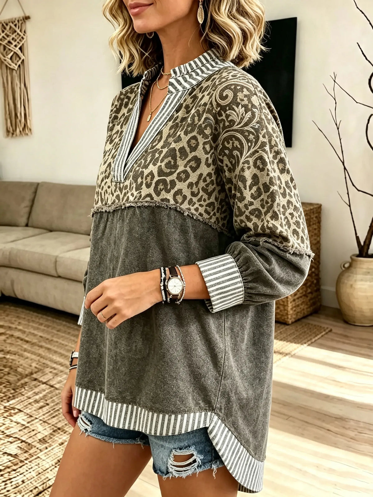 Women's Leopard Stripe Split-Neck Top
