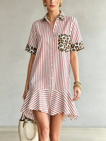 Women's Stripe Leopard Patchwork Shirt Mini Dress