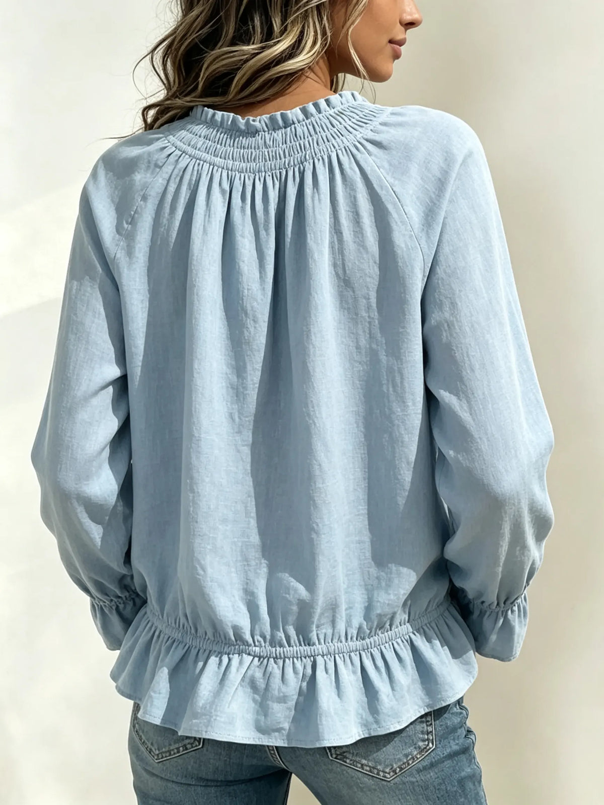 Women's Smocked Neck Ruffle Hem Blouse
