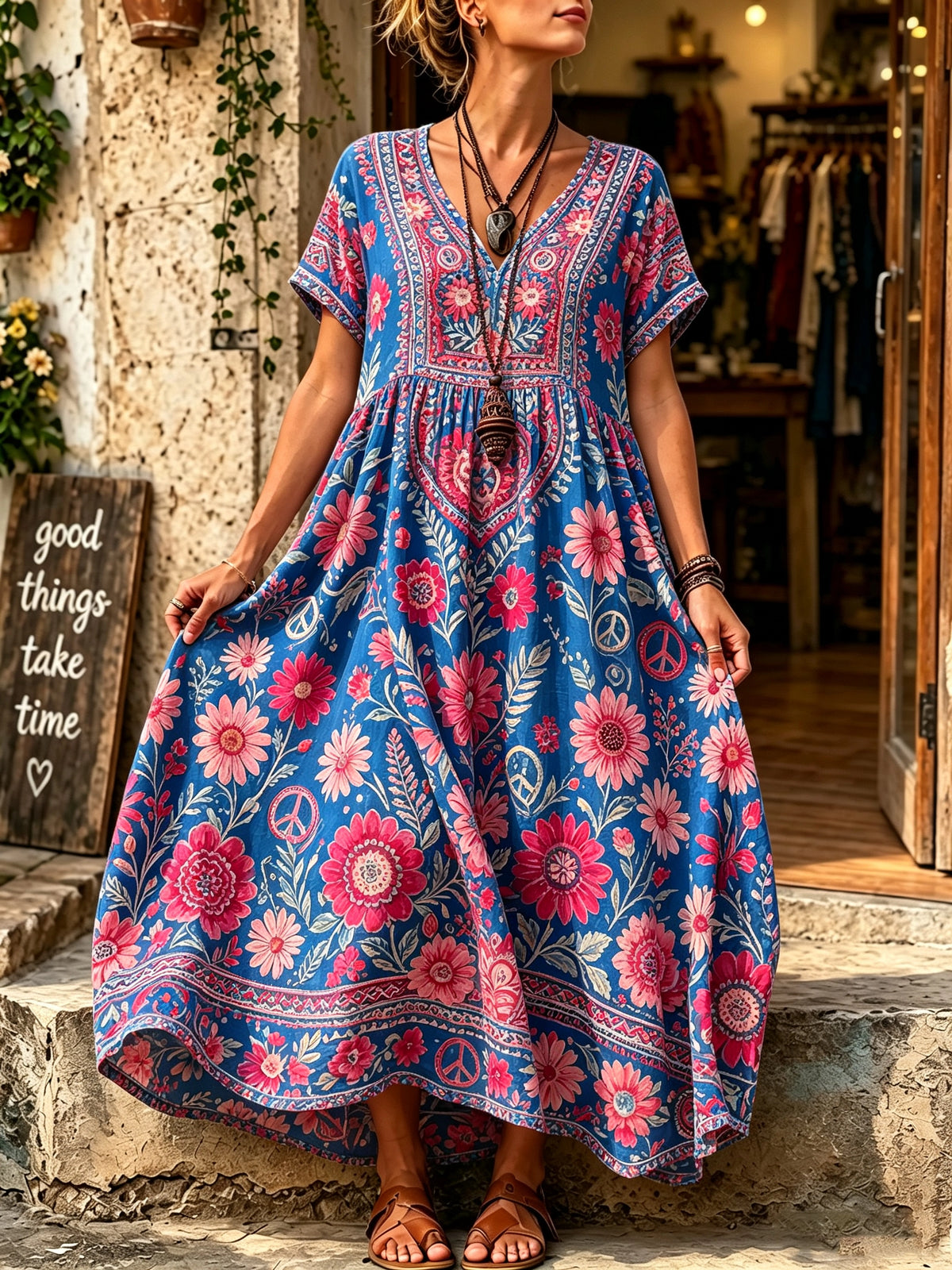 Women's Floral Peace Print Maxi Dress