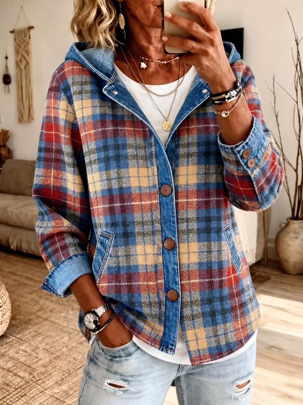 laid Denim Spliced Hooded Button Jacket